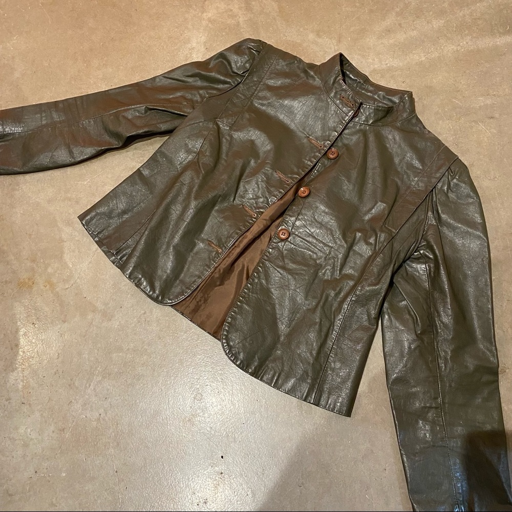VINTAGE Leather Bomber Jacket Olive Green Sz M #GD5